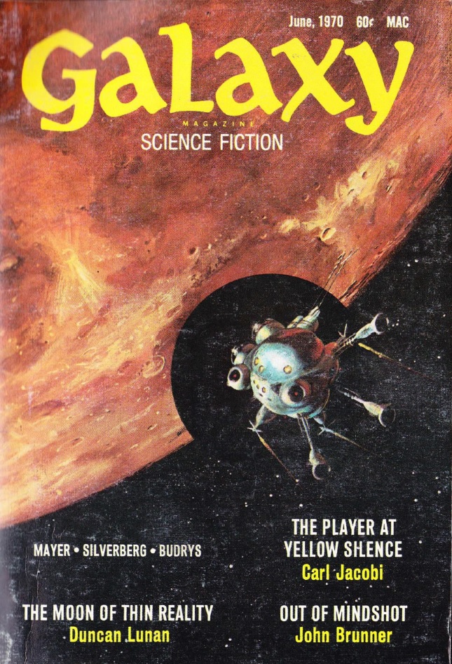 Picture of a multi-armed spacecraft sliding into a disc of blackness in front of the Moon