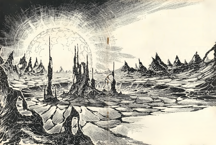 Black and white in illustration showing a destroyed Earth and a ball of bright light in the distance.
