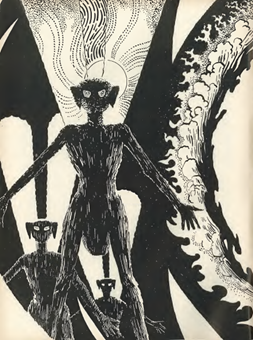 Black and white ink drawing of three shadowy humanoid figures with arms outstretched. Behind them are elemental style shapes.